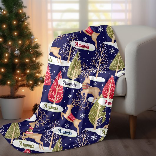 Schattigee rendieren kerstbomen monogram blauw fleece deken
