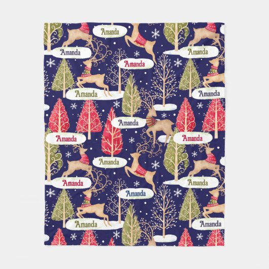 Schattigee rendieren kerstbomen monogram blauw fleece deken (Voorkant)