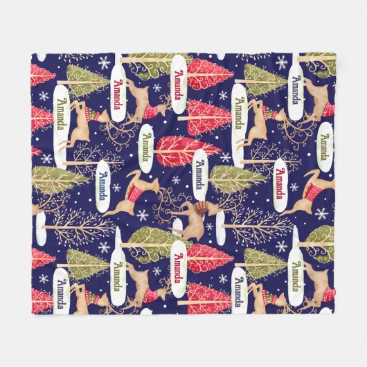 Schattigee rendieren kerstbomen monogram blauw fleece deken (Voorkant (Horizontaal))