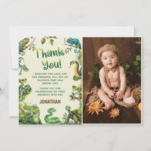 Schattigee reptiel thema Kind verjaardagsfoto Bedankkaart (Voorkant)