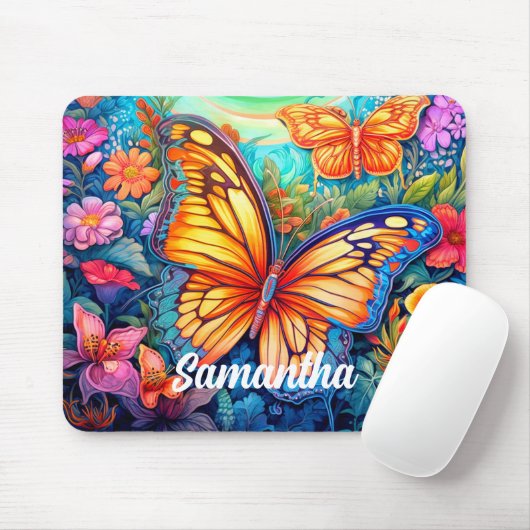 Schattigee Retro Aangepaste Vlinder Monogram Naam Muismat (Met muis)