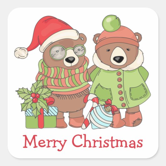 Schattigee Retro Afbeelding Kerst Beren Vierkante Sticker (Voorkant)