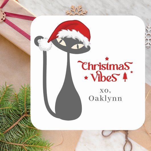 Schattigee Retro Atomic Black Cat Christmas Vierkante Sticker