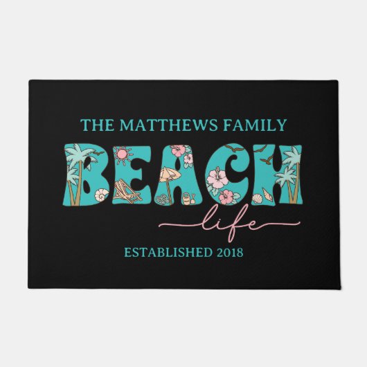 Schattigee Retro Beach Life Aangepaste naam Deurmat (Voorkant)