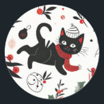 Schattigee Retro Black Cat Christmas Ronde Sticker<br><div class="desc">Deze schattige kleine zwarte kat heeft een geweldige tijd om rond te snuffelen met Kerstmis. Het dragen van een kerstmuts en felrode sjaal, waarschijnlijk wat schattig onheil met het yuletide decor in deze leuke vakantie sticker. Het grillige ontwerp is van een retro patroon. De kattenliefhebbers en dierenliefhebbers in uw familie...</div>