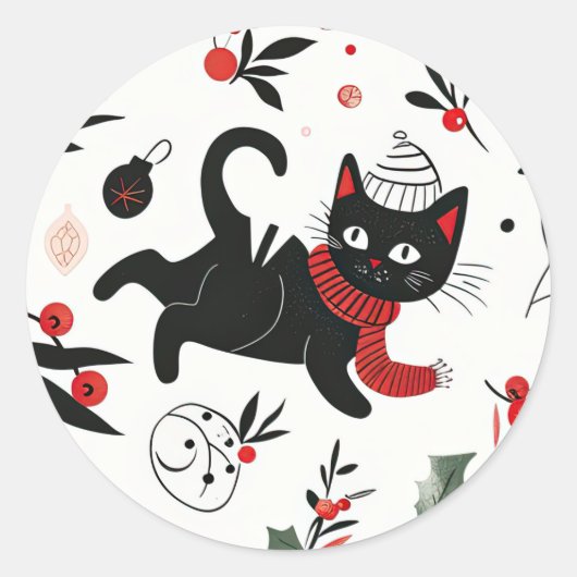Schattigee Retro Black Cat Christmas Ronde Sticker (Voorkant)