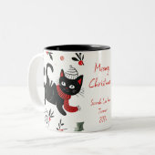 Schattigee Retro Black Cat Christmas Tweekleurige Koffiemok (Voorkant links)