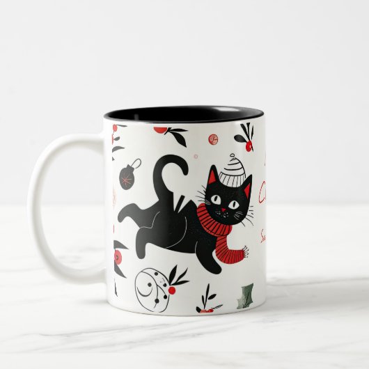 Schattigee Retro Black Cat Christmas Tweekleurige Koffiemok (Links)