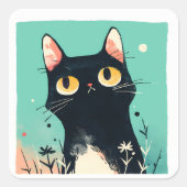 Schattigee Retro Black Cat op blauwe achtergrond Vierkante Sticker (Voorkant)