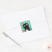 Schattigee Retro Black Cat op blauwe achtergrond Vierkante Sticker (Envelop)