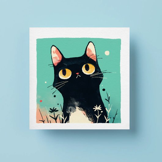 Schattigee Retro Black Cat op blauwe achtergrond Vierkante Sticker