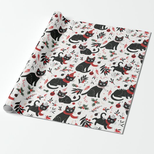 Schattigee Retro Black Cats Kerst Cadeaupapier (Uitgerold)