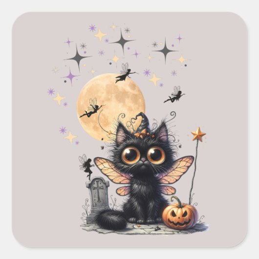 Schattigee Retro Black Wide-Eyed Fairy Kitten Hall Vierkante Sticker (Voorkant)