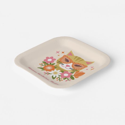 Schattigee Retro Bloemen Kat Meisjes Verjaardag Papieren Bordje (Gebogen)