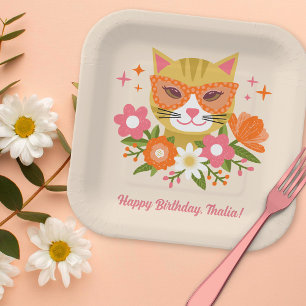 Schattigee Retro Bloemen Kat Meisjes Verjaardag Papieren Bordje
