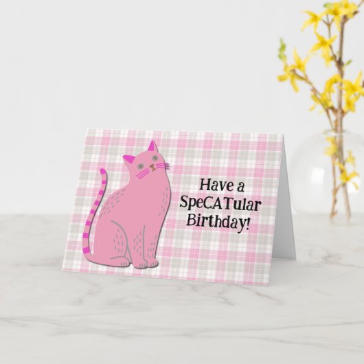 Schattigee Retro Cat in Roze Leuke Pun Verjaardag  Kaart (Gele Bloem)