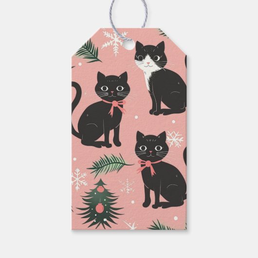 Schattigee Retro Cats op Roze Kerstmis Cadeaulabel (Voorkant)