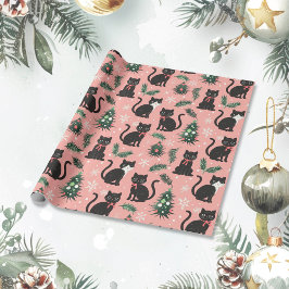Schattigee Retro Cats op Roze Kerstmis Cadeaupapier