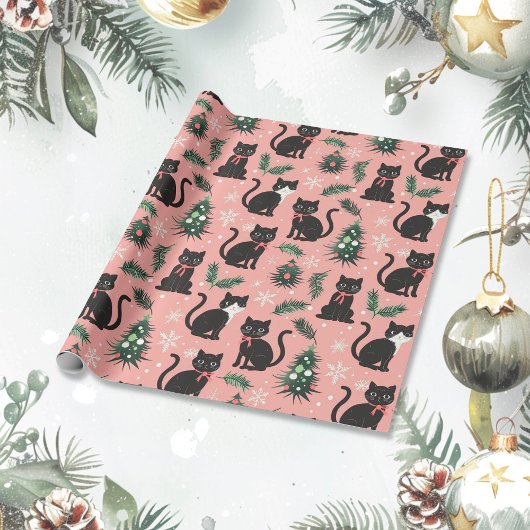 Schattigee Retro Cats op Roze Kerstmis Cadeaupapier