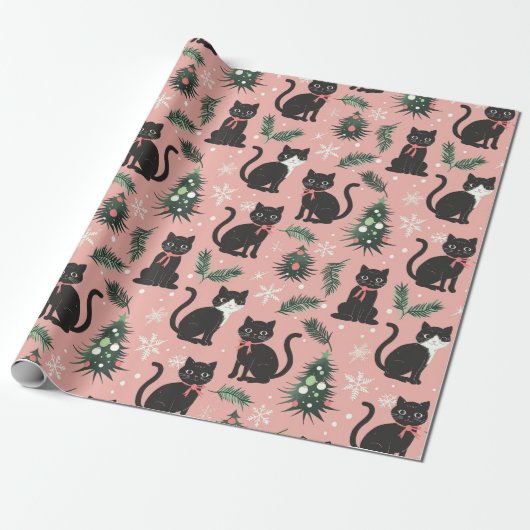 Schattigee Retro Cats op Roze Kerstmis Cadeaupapier (Uitgerold)