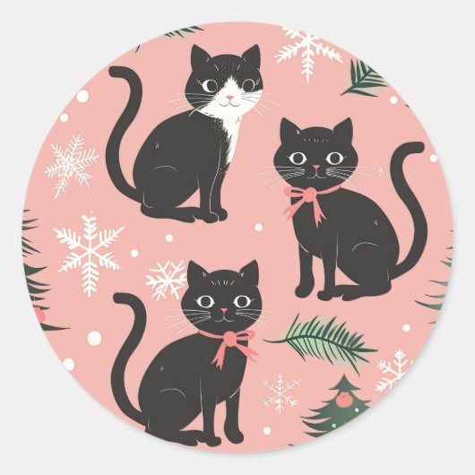 Schattigee Retro Cats op Roze Kerstmis Ronde Sticker (Voorkant)
