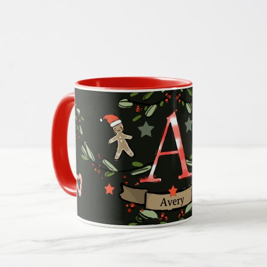 Schattigee Retro Christmas Monogram "A" met naam Mok (Voorkant links)