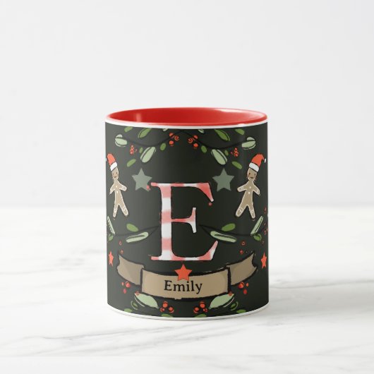 Schattigee Retro Christmas Monogram "E" met naam Mok (Midden)