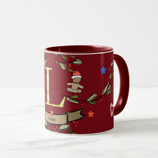 Schattigee Retro Christmas Monogram "L" met naam Mok (Voorkant rechts)