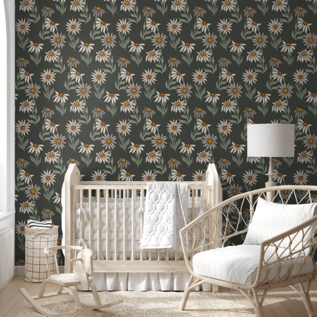 Schattigee Retro Daises Donkergrijze Achtergrond Behang (Kinderen)