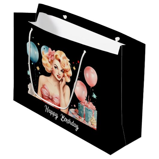 Schattigee retro dame Happy Birthday aanpasbaar Groot Cadeauzakje (Voorkant Gekanteld)