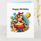 Schattigee retro dame tekst toevoegen Verjaardag Kaart (Gele Bloem)