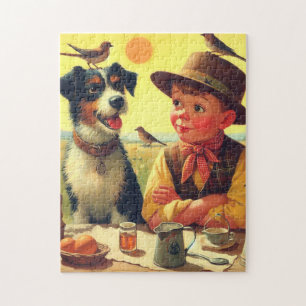 Schattigee Retro Dog en Kinderen Schilderen Legpuzzel