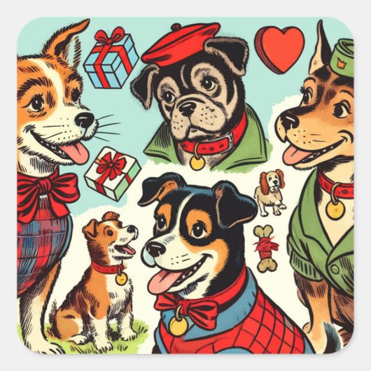 Schattigee Retro Dogs strips Vierkante Sticker (Voorkant)