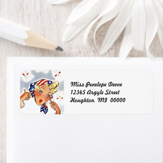 Schattigee Retro Fire-Cracker Lady Retouradreslabe Etiket (Insitu)