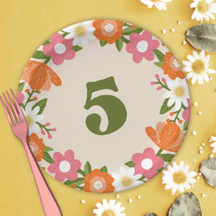 Schattigee Retro Floral 5   Meisjes Vijfde Verjaar Papieren Bordje