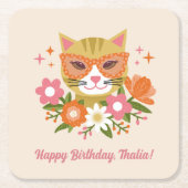 Schattigee Retro Floral Cool Cat Meisjes Verjaarda Kartonnen Onderzetters (Voorkant)