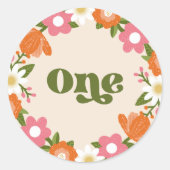 Schattigee Retro Floral One | Eerste verjaardag va Ronde Sticker (Voorkant)