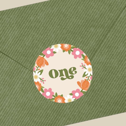Schattigee Retro Floral One | Eerste verjaardag va Ronde Sticker
