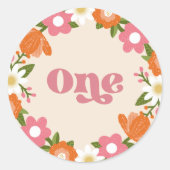 Schattigee Retro Floral One | Eerste verjaardag va Ronde Sticker (Voorkant)