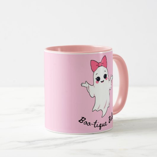 Schattigee Retro Girl Ghost met Roze Haar Bow Mok (Voorkant rechts)