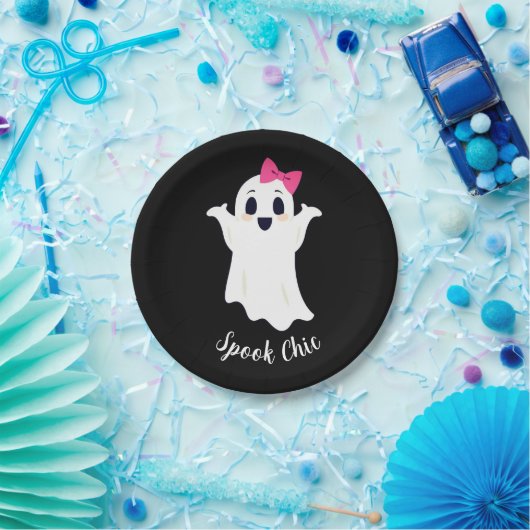 Schattigee Retro Girl Ghost met Roze Haar Bow Papieren Bordje (Feest)