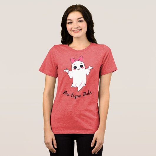Schattigee Retro Girl Ghost met Roze Haar Bow Tri-Blend Shirt (Voorkant volledig)