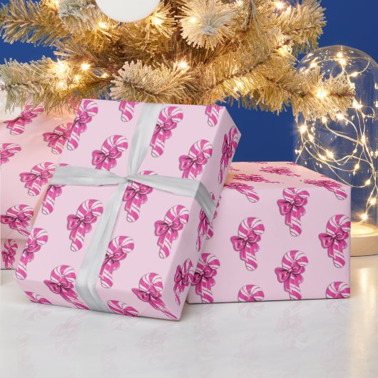 Schattigee Retro Girly Pink Candy Cane met strik Cadeaupapier (Feestdagen)