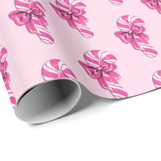Schattigee Retro Girly Pink Candy Cane met strik Cadeaupapier (Rol Hoek)