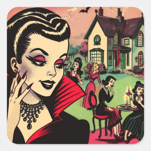 Schattigee Retro Gothic Vampire Woman Comics Vierkante Sticker (Voorkant)