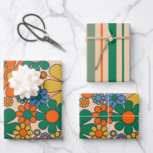 Schattigee Retro grillige bloemen & strepen Inpakpapier Vel (Voorkant)