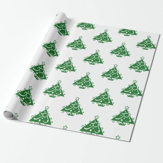 Schattigee Retro Groene Kerstboom Patroon op Wit Cadeaupapier (Uitgerold)