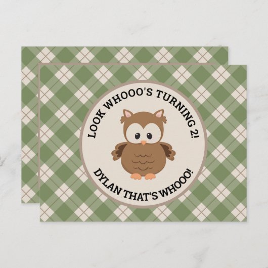 Schattigee Retro Groene Plaid Uil Verjaardag Uitnodiging Briefkaart (Voorkant / Achterkant)
