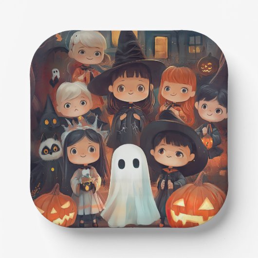 Schattigee Retro Halloween Kinder Ghost Pumpkin Papieren Bordje (Voorkant)