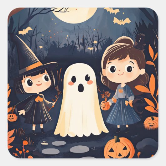 Schattigee Retro  Halloween Kinder Ghost Pumpkin Vierkante Sticker (Voorkant)
